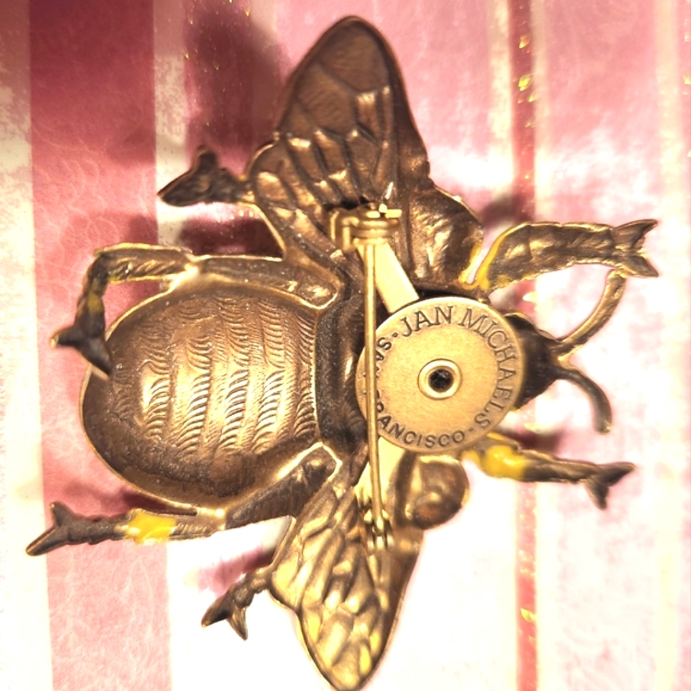 80s BEE Pin JAN MICHAELS SF Insect Bug Scarab Beetle Golden Brass Brooch 2" EVC - Picture 6 of 16